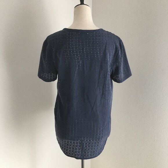 EQUIPMENT Blue 100% Silk Perforated High Low Hem Short Sleeve Shirt - Picture 6 of 7
